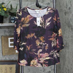 NWT Christopher & Banks Knit 3/4 Sleeve Floral Shirt Top 7862 PM Purple Multi